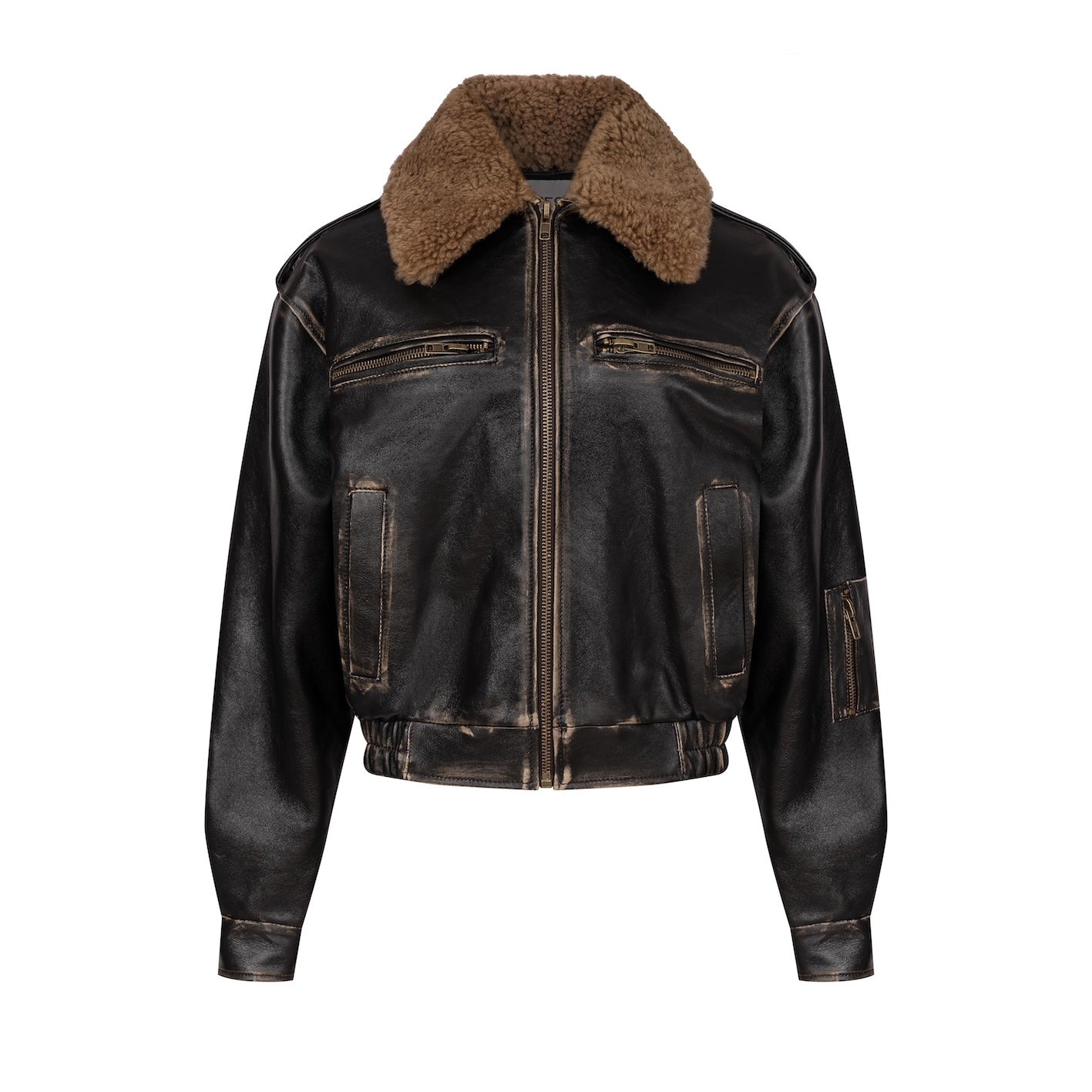 GAIETE fourrure bomber jacket in aged leather with rousse collar