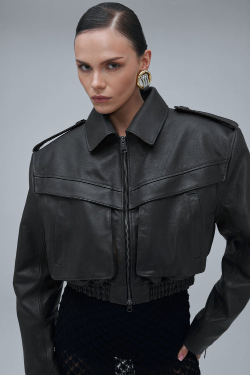 JOIE cropped bomber jacket in black leather