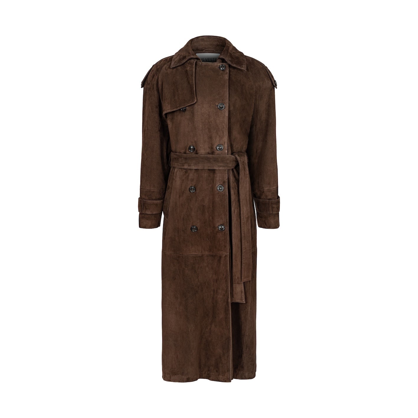 SENSUALITÉ full lenght belted coat in dark brown suede