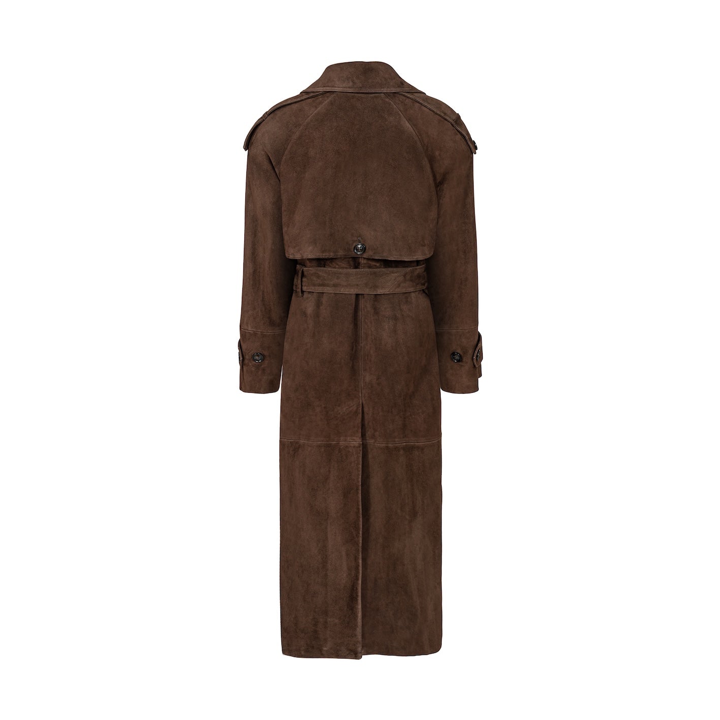 SENSUALITÉ full lenght belted coat in dark brown suede