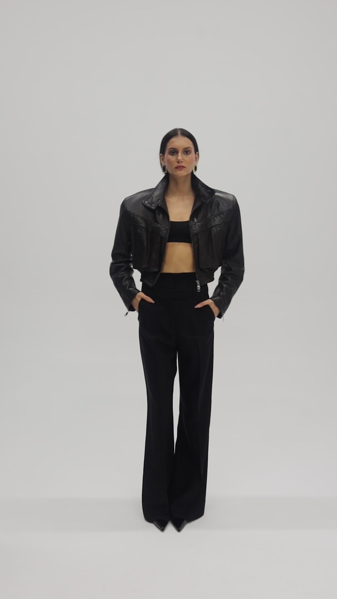 TRANQUILLITÉ cropped bomber jacket in dark chocolate leather