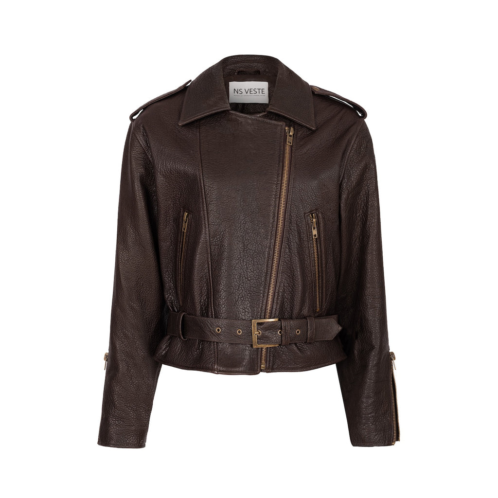 LIBERTE retro waisted biker jacket in chocolate texture leather