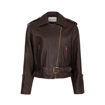 LIBERTE retro waisted biker jacket in chocolate texture