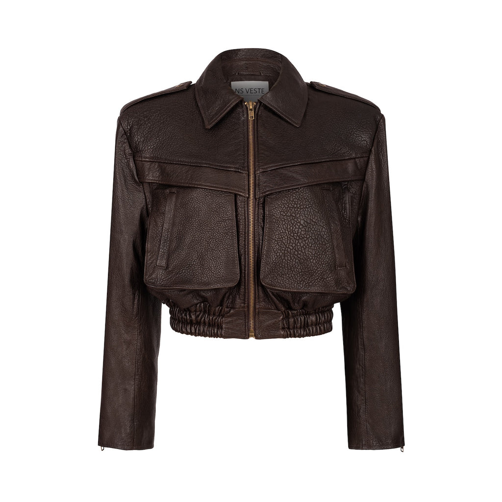 JOIE cropped bomber jacket in chocolate texture leather
