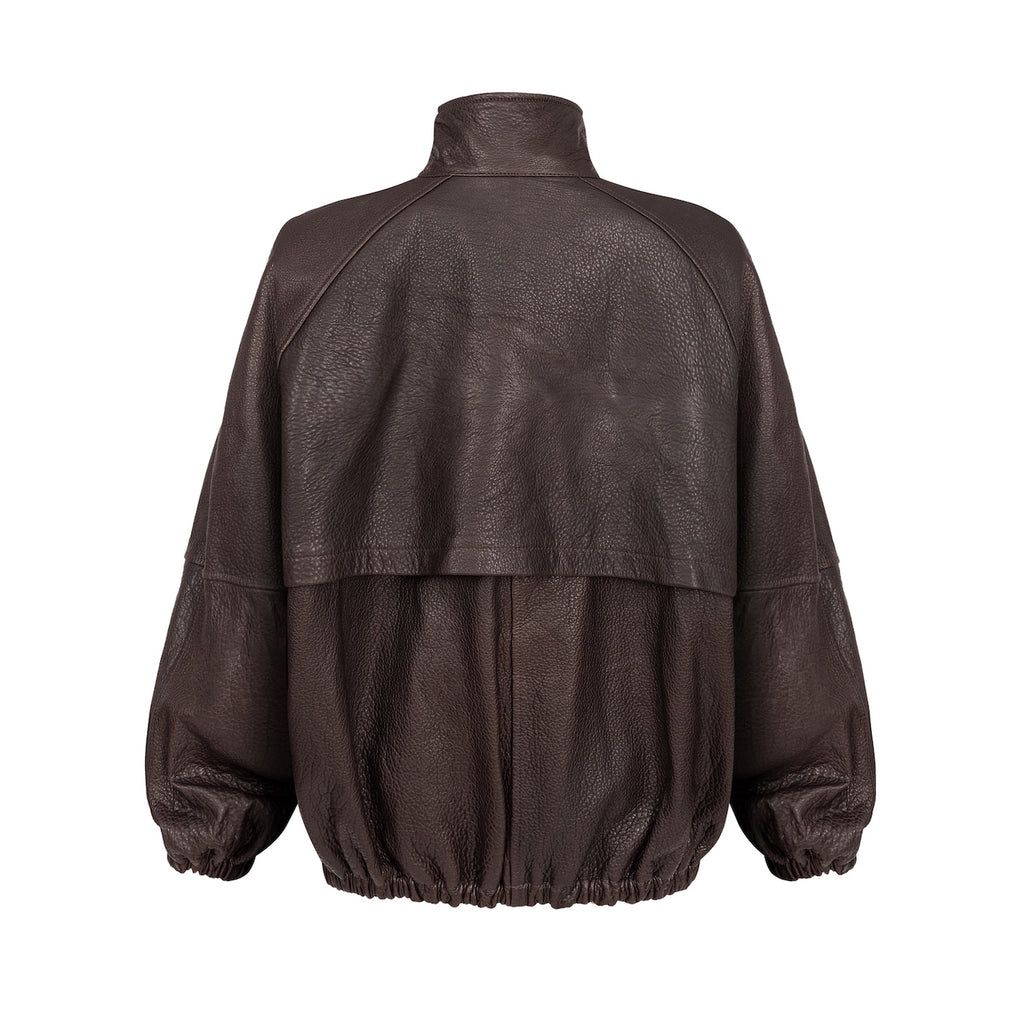 CALME oversized bomber jacket with collar in chocolate texture leather